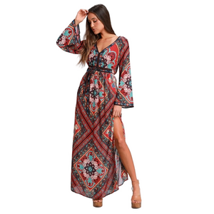 Flying Tomato Red Multi Print Bell Sleeve Maxi Dress